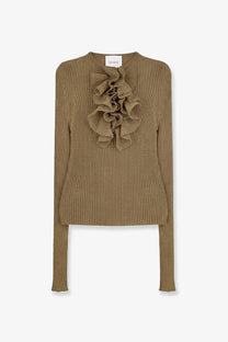 A ribbed olive green knit cotton blend sweater for women featuring a ruffled chest embellishment