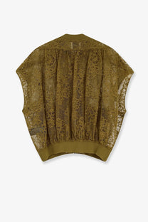 Olive green sleeveless lace jacket for women with floral pattern and elasticated hem in nude style