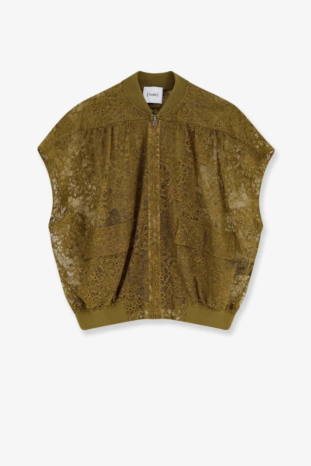 Olive green sleeveless lace bomber jacket for women with zip-up front and ribbed cuffs in nude style