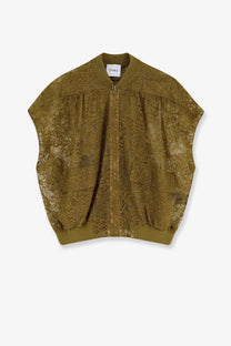 Olive green sleeveless lace bomber jacket for women with zip-up front and ribbed cuffs in nude style