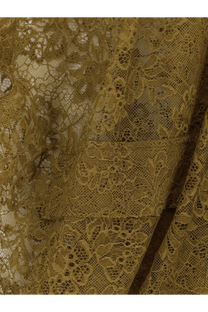 Nude women’s sleeveless lace jacket in olive green with intricate floral and geometric lace fabric patterns
