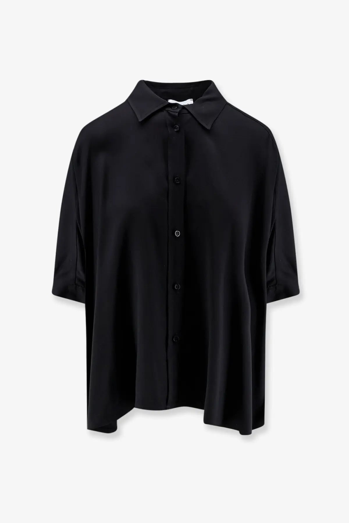 Black satin blouse with classic collar and short sleeves made of viscose for women by Nude