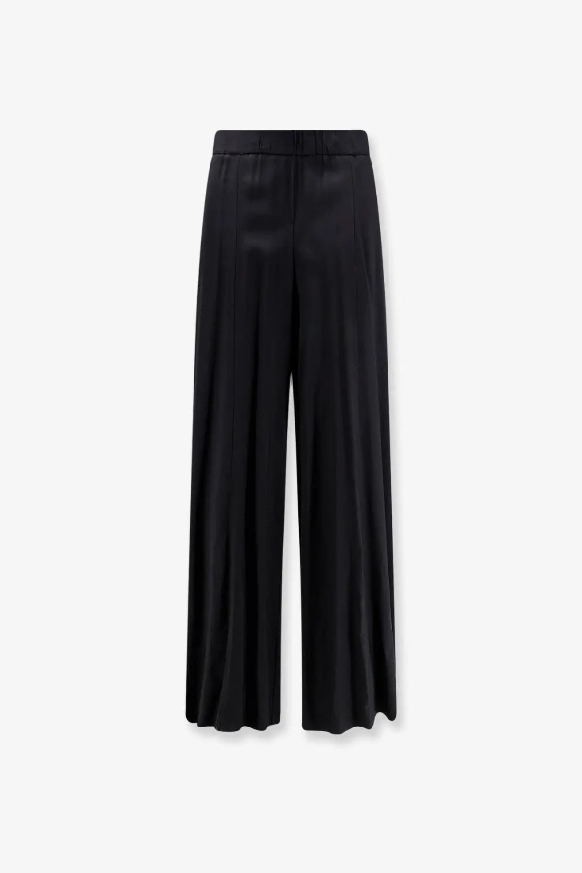 Black satin wide-leg viscose trousers for women with high waist and subtle pleats in nude collection