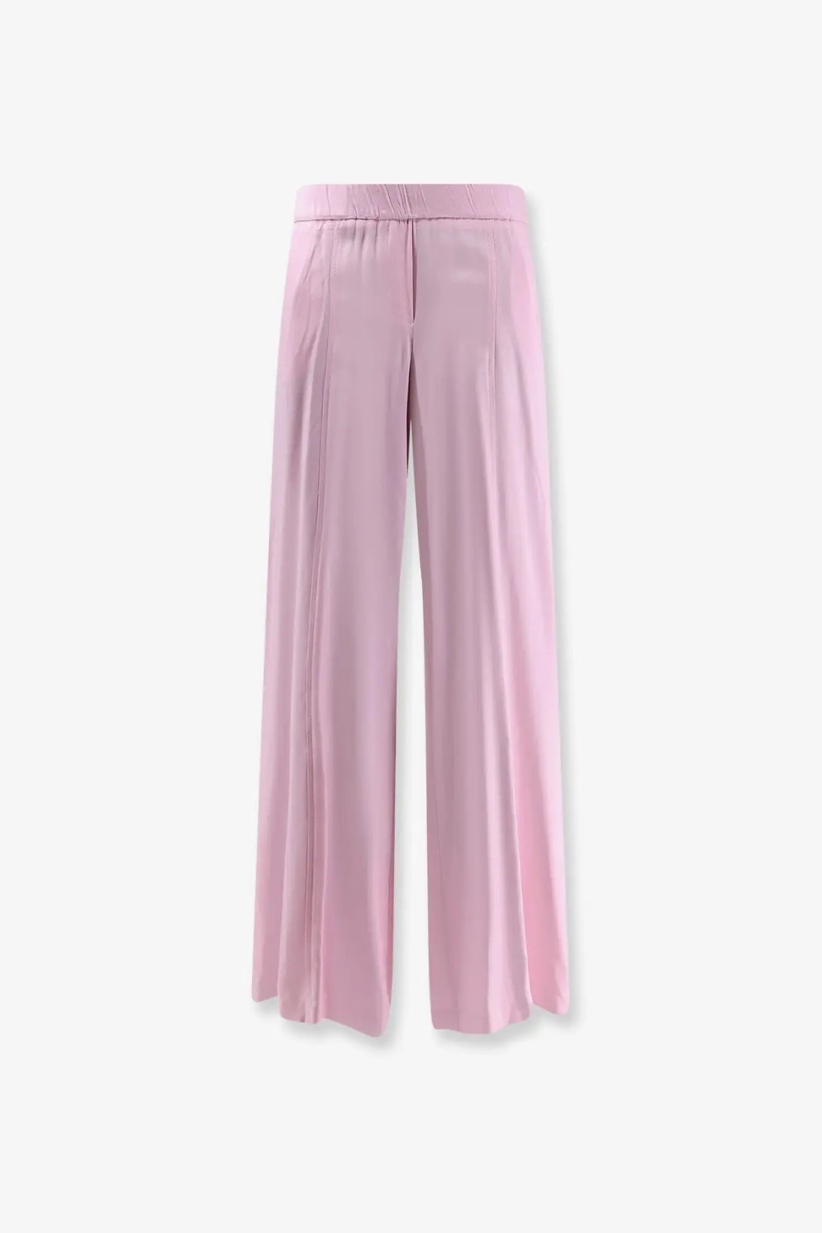 Soft pink wide-leg viscose trousers with satin finish and elastic waistband for women in nude collection