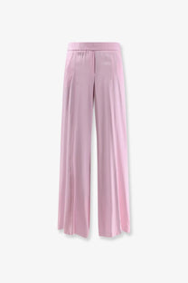 Soft pink wide-leg viscose trousers with satin finish and elastic waistband for women in nude collection