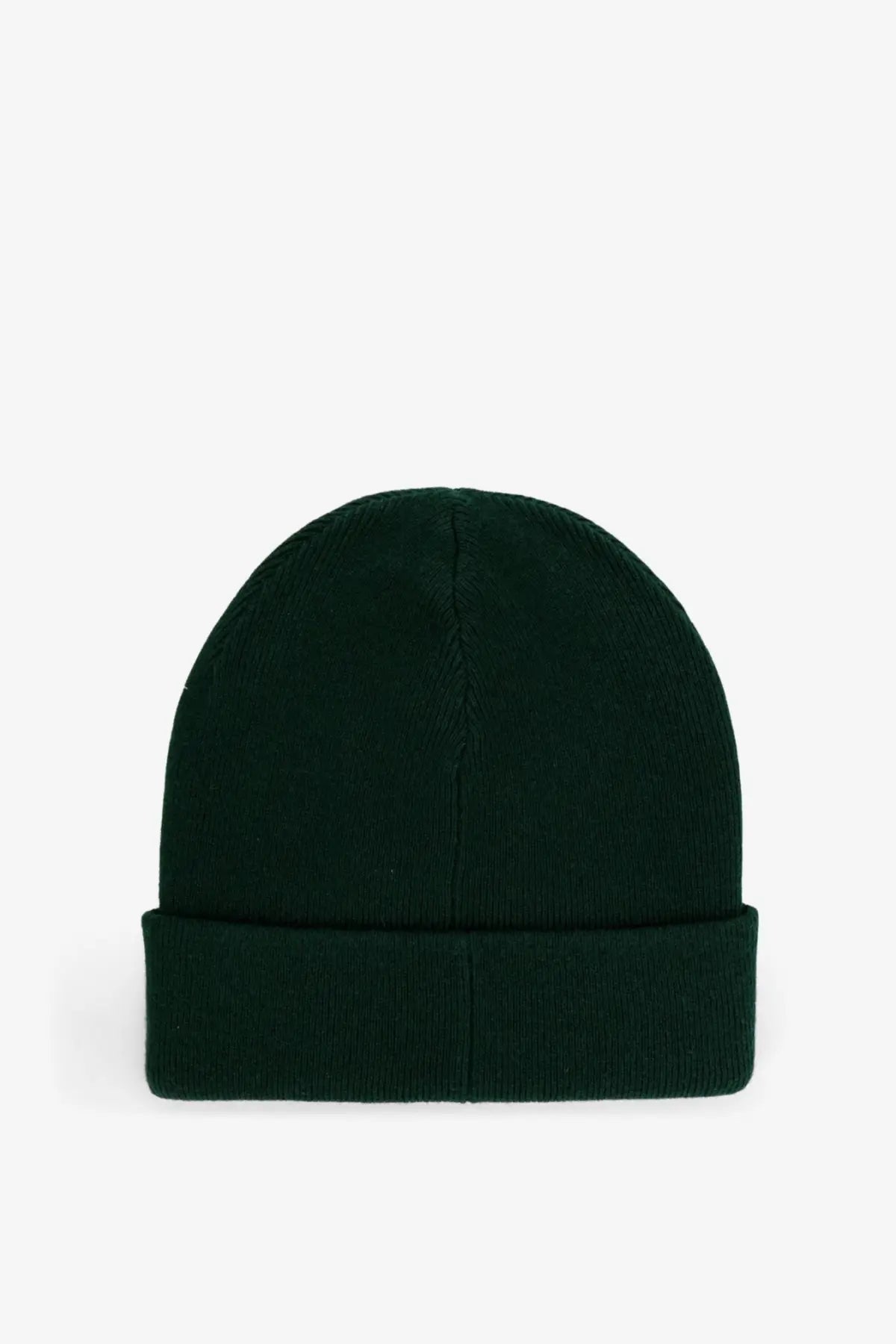 Dark green ribbed knit wool beanie with folded cuff for men by Oamc peacemaker