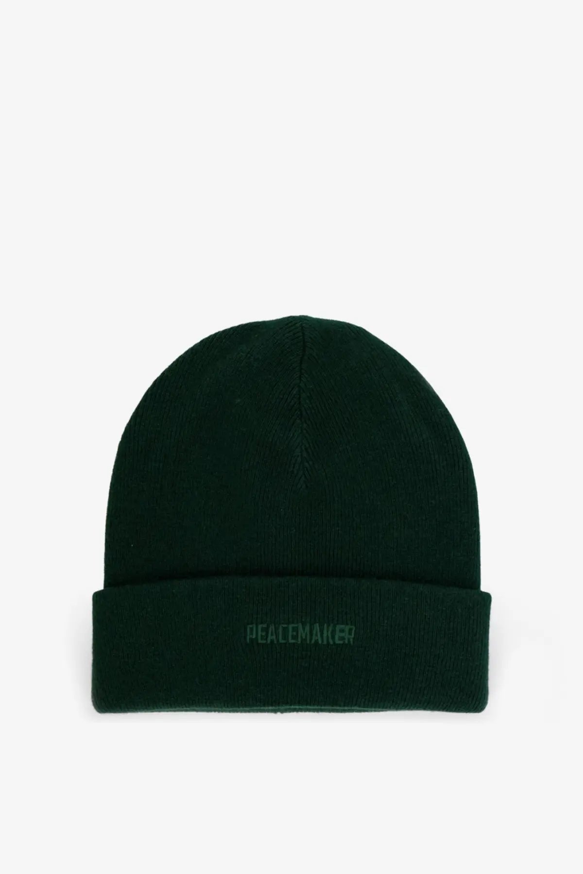 Oamc peacemaker men’s dark green wool beanie with ribbed knit and folded cuff embroidered with peacemaker