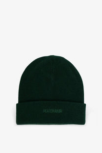 Oamc peacemaker men’s dark green wool beanie with ribbed knit and folded cuff embroidered with peacemaker