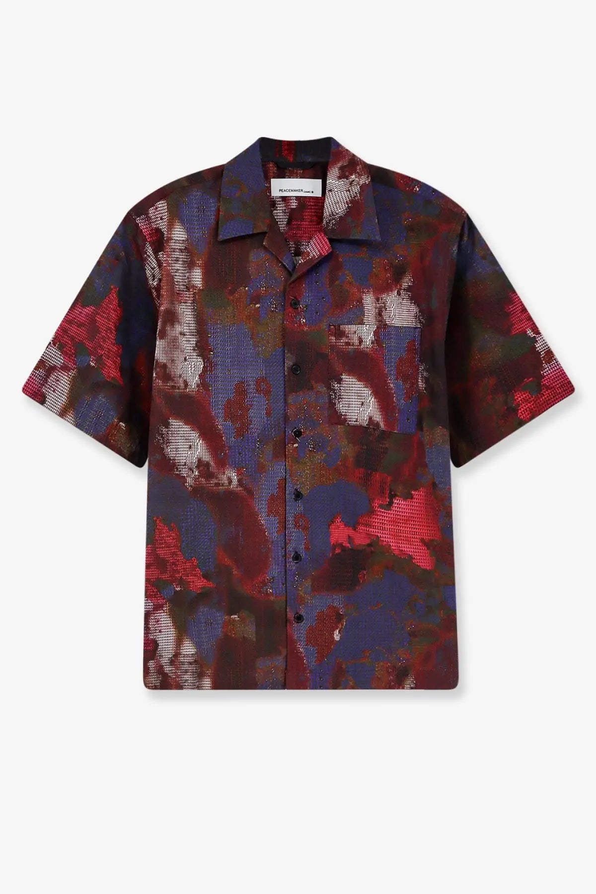 Oamc Peacemaker men’s boxy short-sleeved cotton shirt with bold abstract red blue and dark purple camouflage pattern