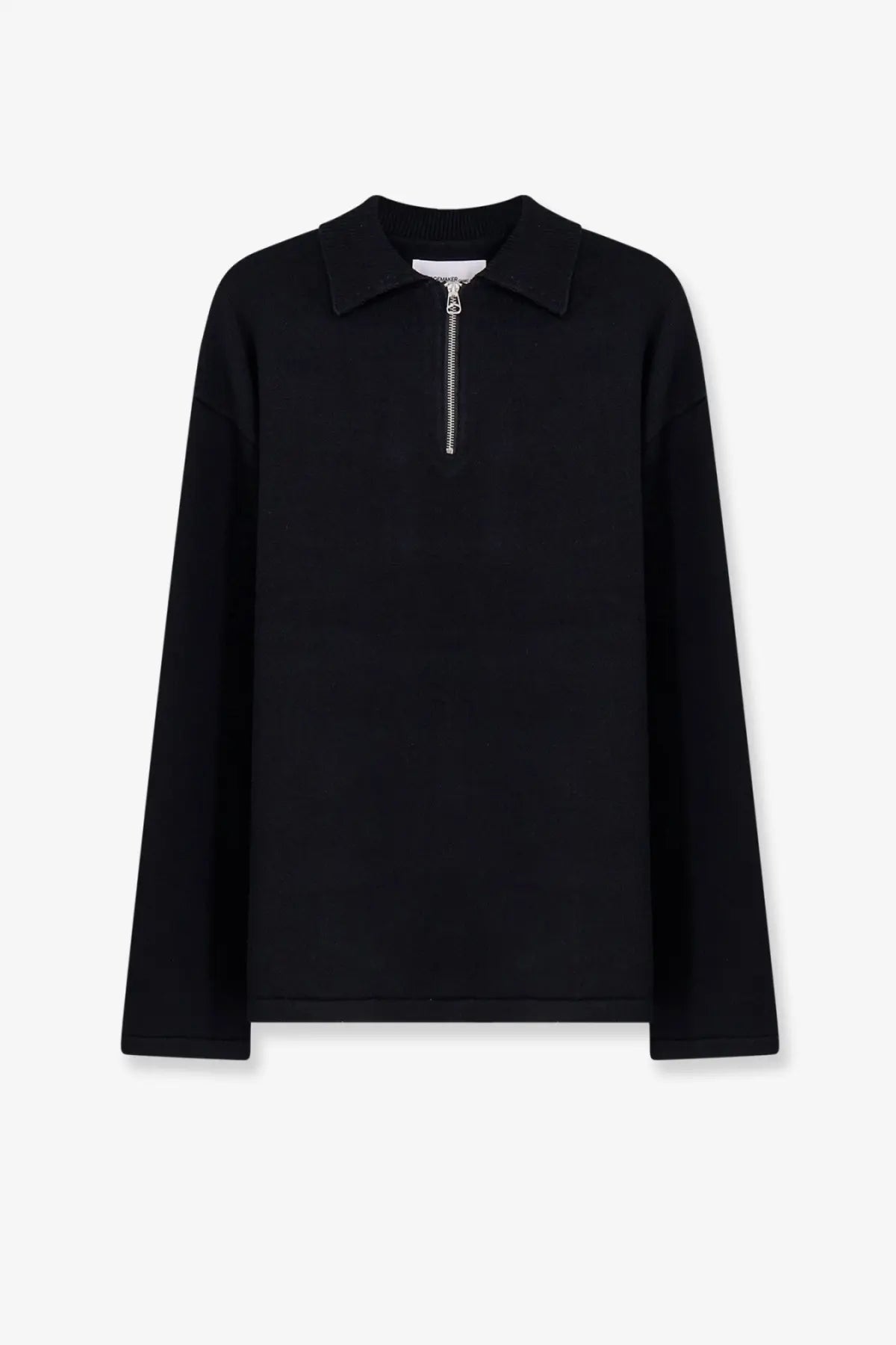 Oamc Peacemaker men’s black cotton polo shirt with long sleeves and a silver zipper at the neckline