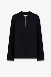 Oamc Peacemaker men’s black cotton polo shirt with long sleeves and a silver zipper at the neckline