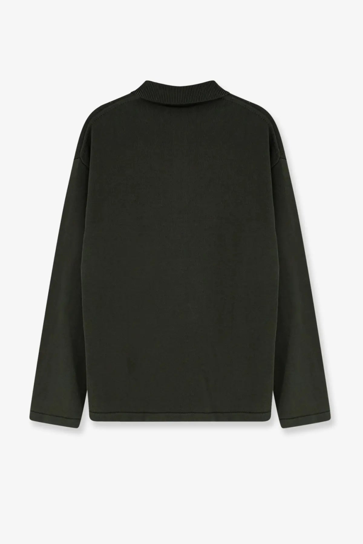 Black long-sleeved ribbed crew neck sweater with relaxed fit shown with oamc peacemaker men’s green cotton polo shirt