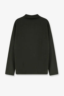 Black long-sleeved ribbed crew neck sweater with relaxed fit shown with oamc peacemaker men’s green cotton polo shirt