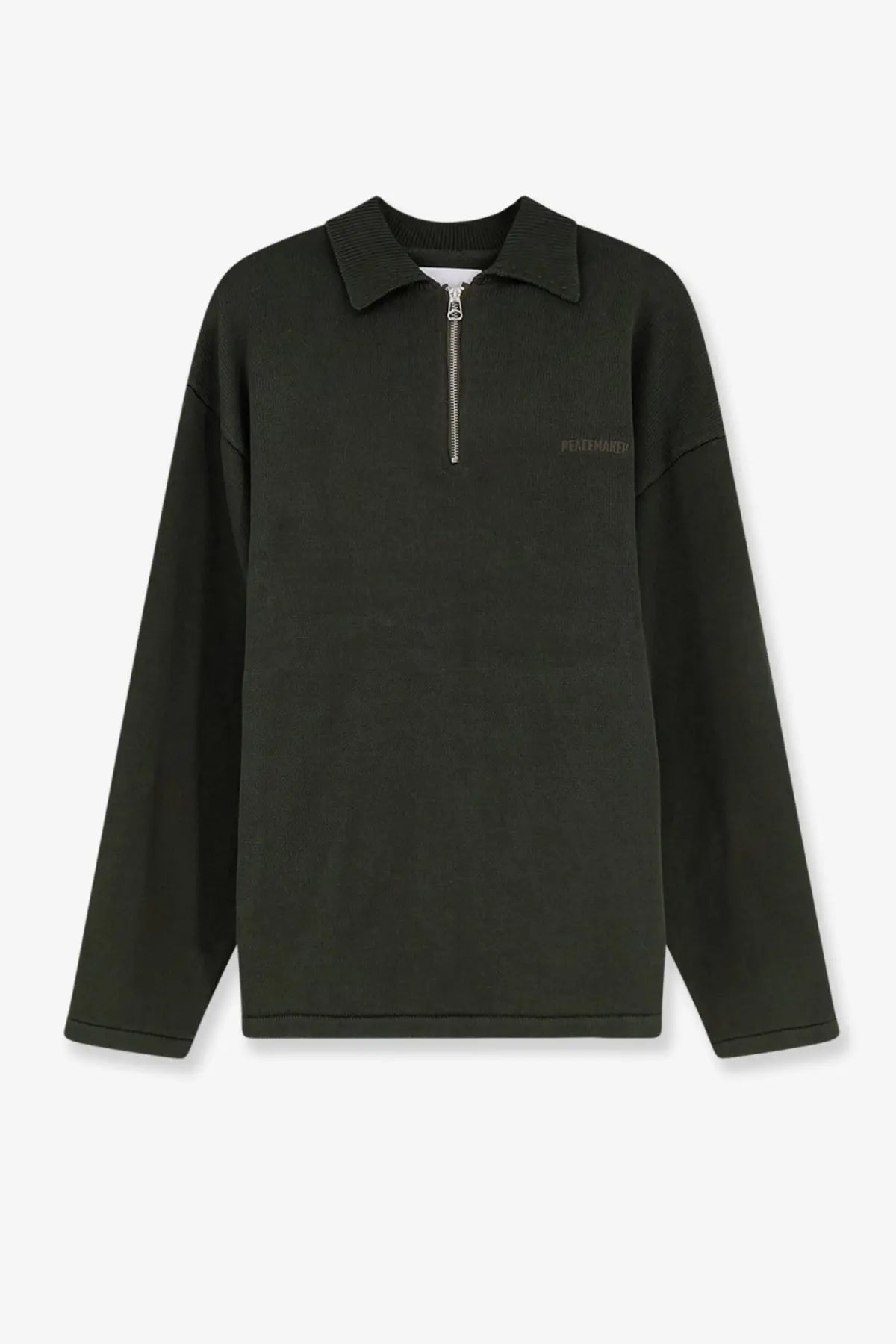 Black ribbed knit cotton polo shirt by Oamc with silver zipper and subtle chest embroidery for men