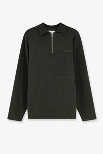Black ribbed knit cotton polo shirt by Oamc with silver zipper and subtle chest embroidery for men