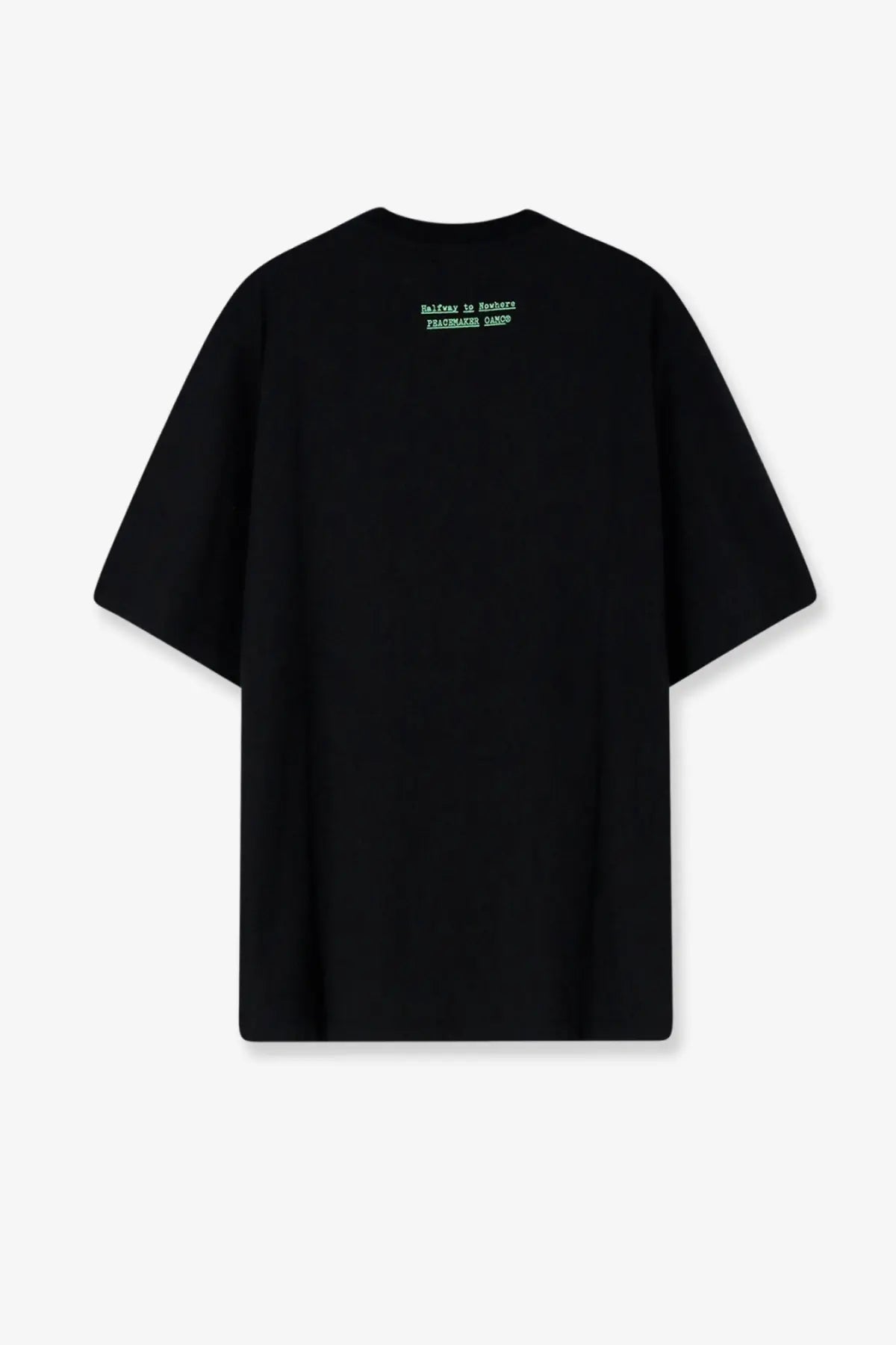 Black oversized oamc peacemaker men’s cotton t-shirt with subtle green text print at the neckline