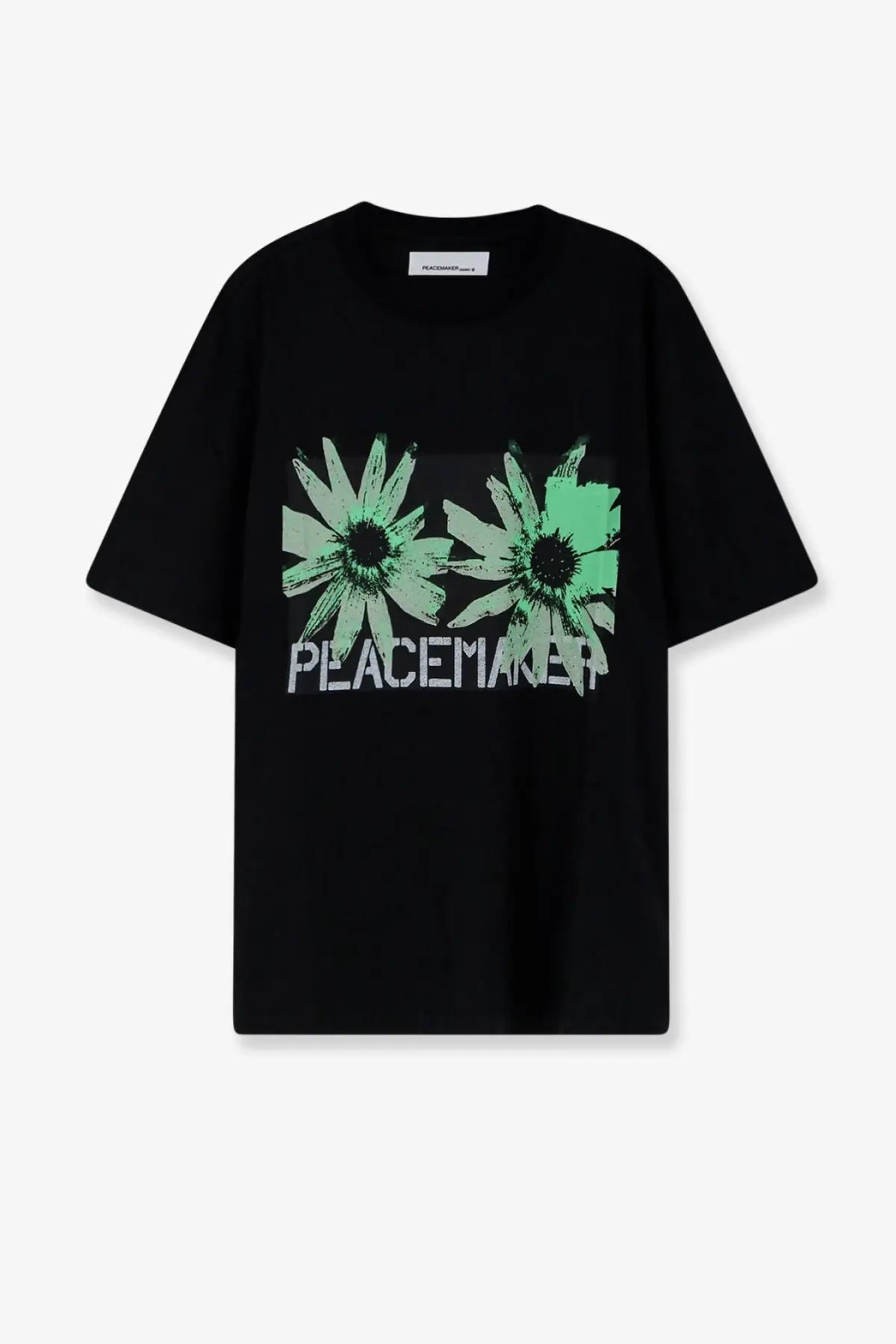 Oamc peacemaker men’s black cotton t-shirt with bold green daisies graphic and white peacemaker text on front