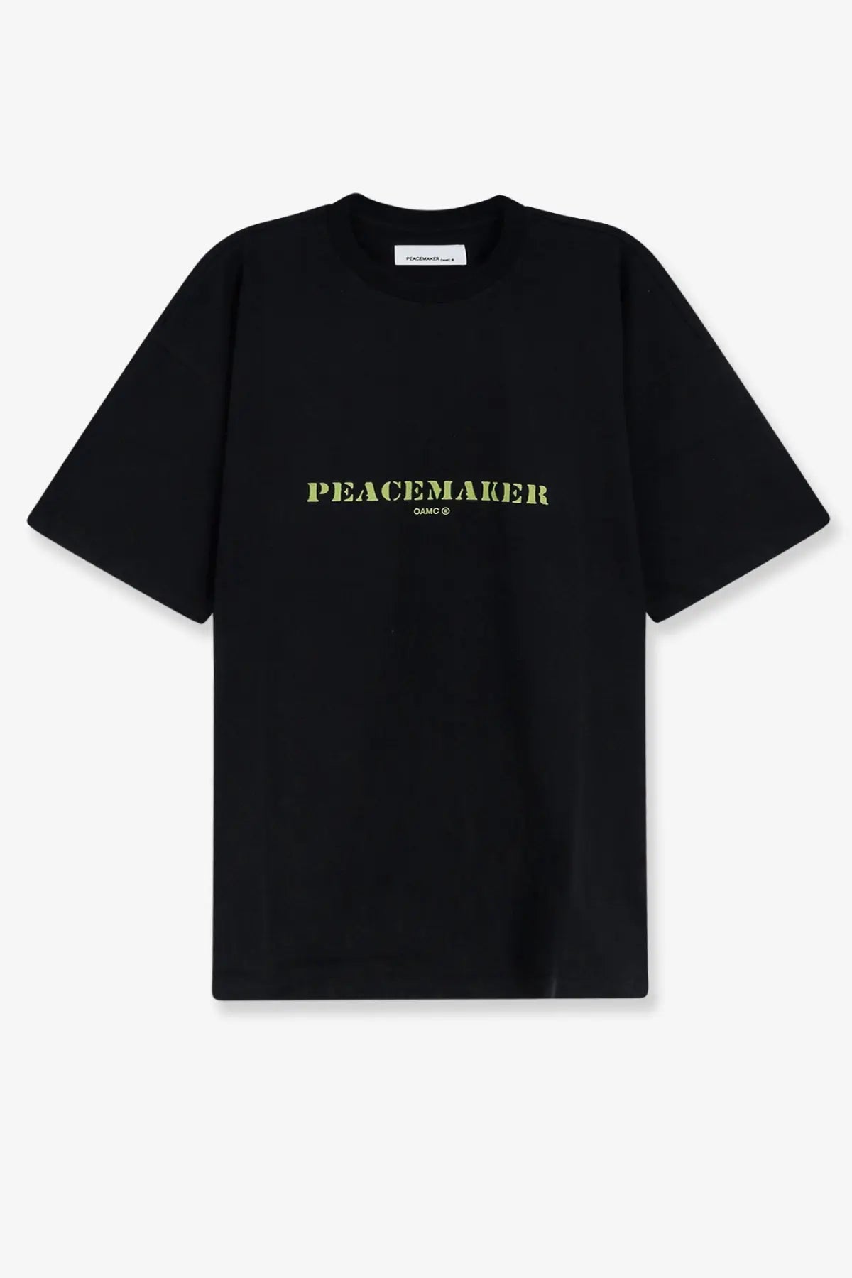 Oamc peacemaker men’s black cotton t-shirt with light green peacemaker print in sans serif font across the chest