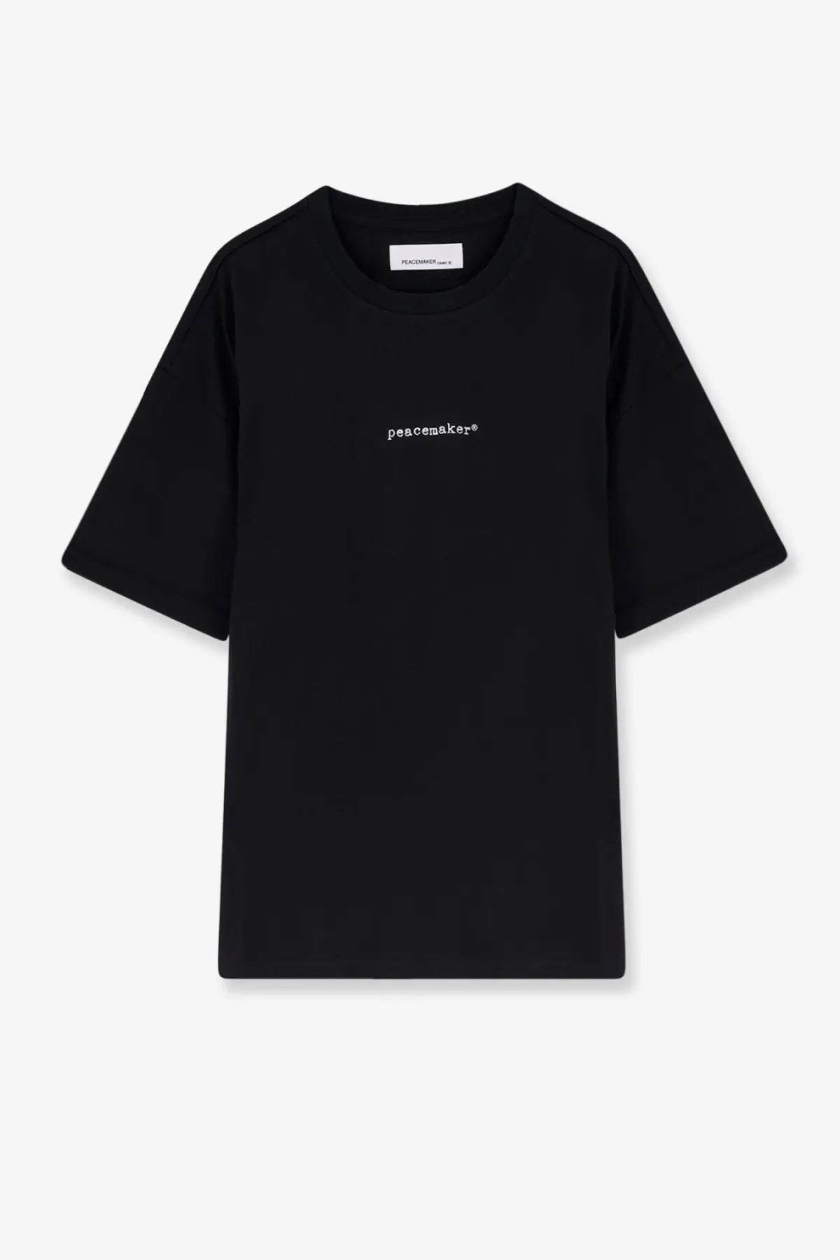Oamc Peacemaker men’s black cotton t-shirt with short sleeves and subtle white peacemaker embroidery on chest