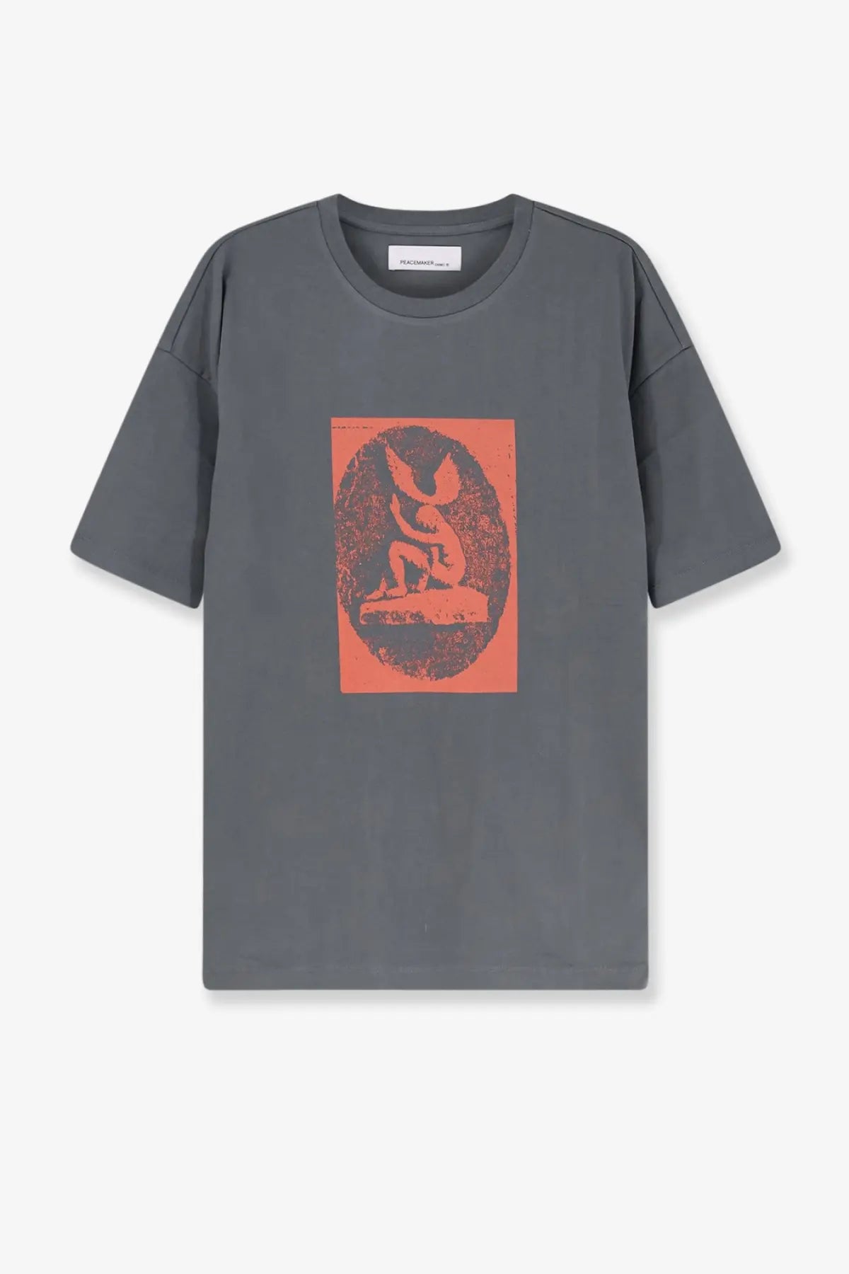 Gray oversized Oamc Peacemaker men’s cotton t-shirt with bold orange rectangle and black stylized animal oval graphic