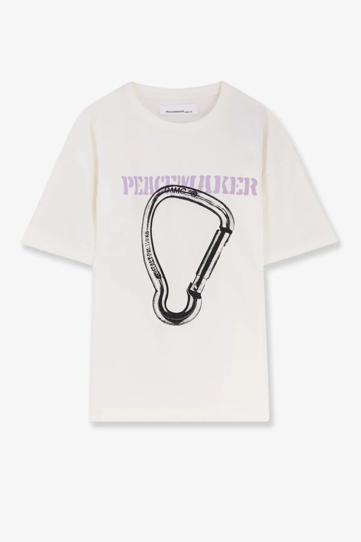 Oamc Peacemaker men’s cream cotton t-shirt with black and purple carabiner graphic and penguinwalker print