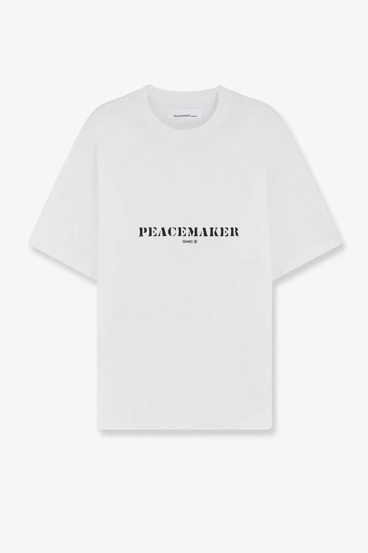 Oamc peacemaker men’s white cotton t-shirt with black peacemaker text printed across the chest