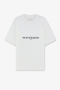 Oamc peacemaker men’s white cotton t-shirt with black peacemaker text printed across the chest