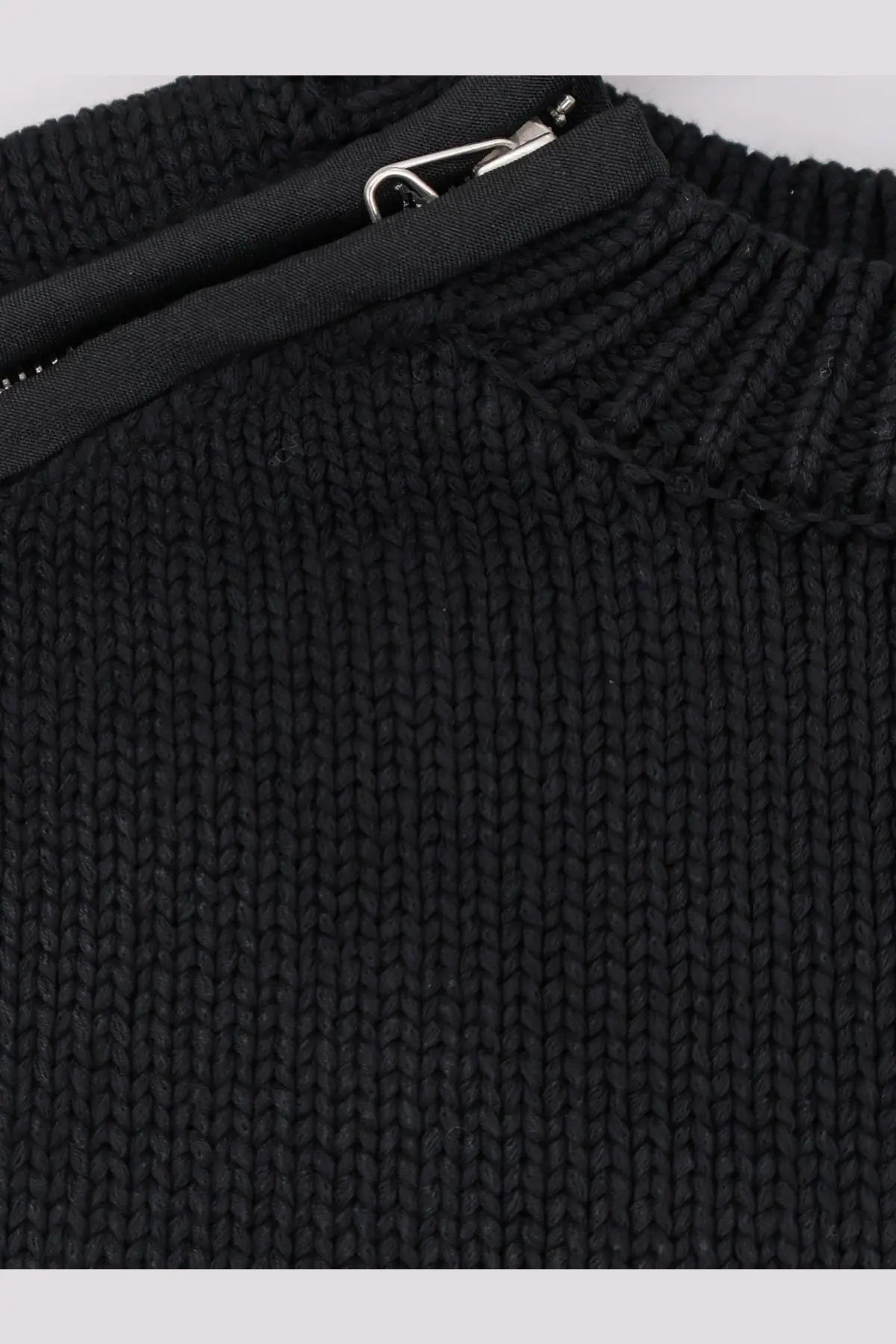 Oamc peacemaker men’s black cotton sweater with ribbed texture and silver zipper pull on the front