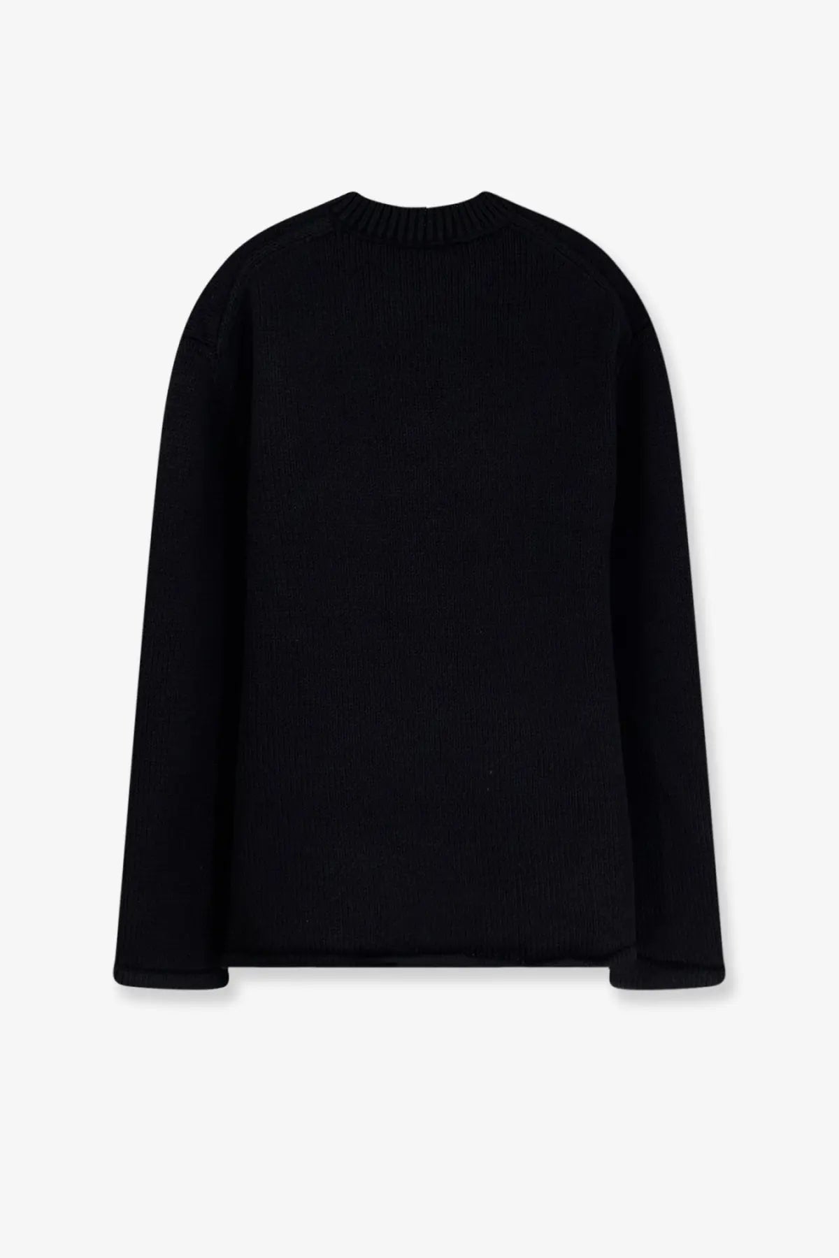 Oamc Peacemaker men’s black cotton sweater with ribbed knit, classic crew neck, and long sleeves
