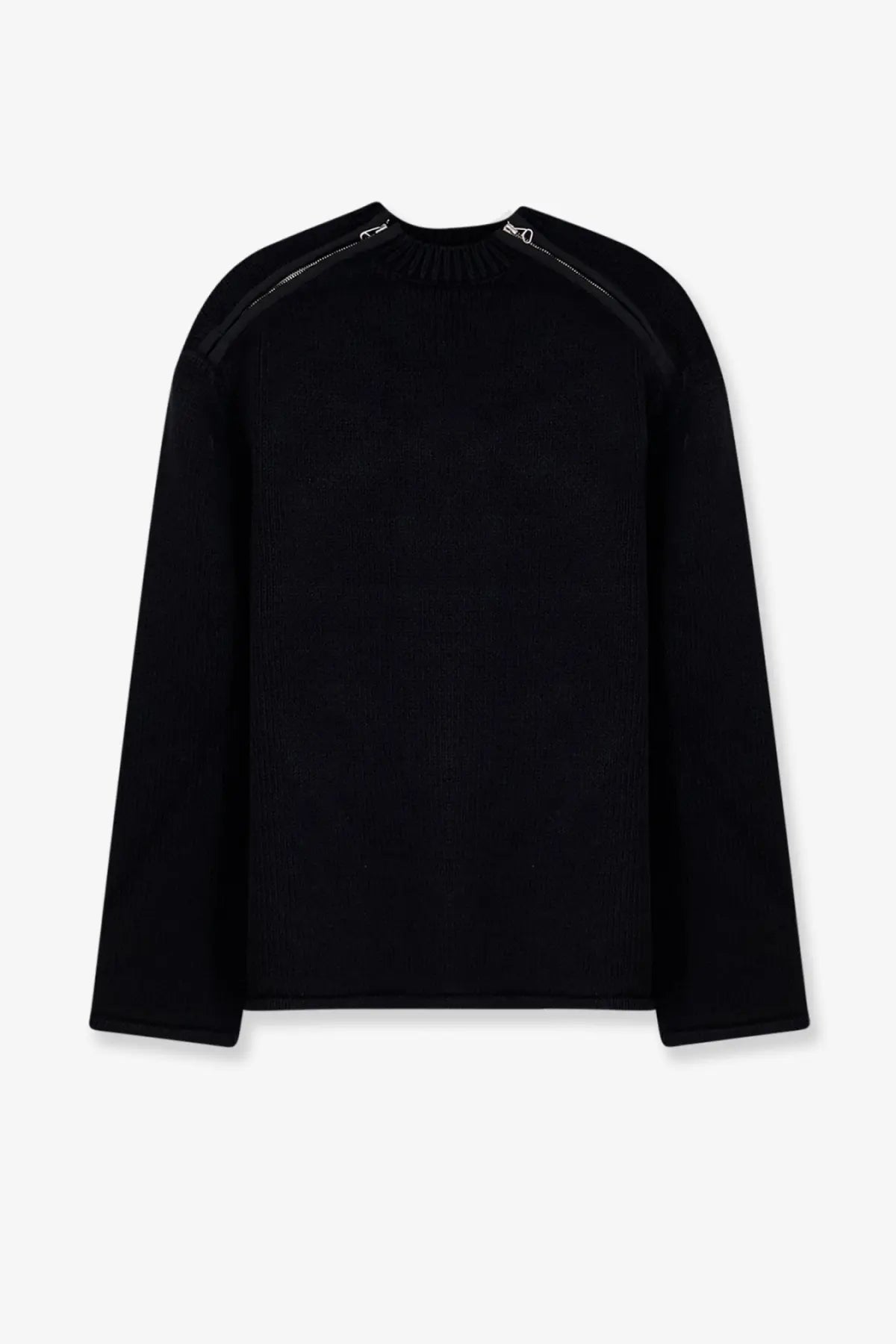Oamc peacemaker men’s black cotton ribbed knit sweater with silver zippers on shoulders