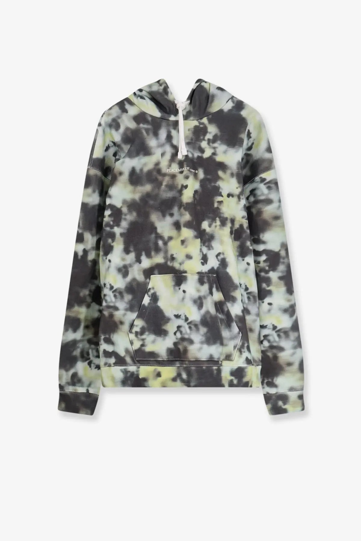 Oamc Peacemaker men’s cotton sweatshirt green tie-dye hoodie in black and pale green with front pocket and white drawstring