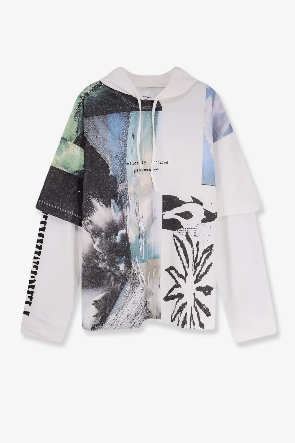 White oamc peacemaker men’s cotton sweatshirt with bold abstract black and blue collage print on the front