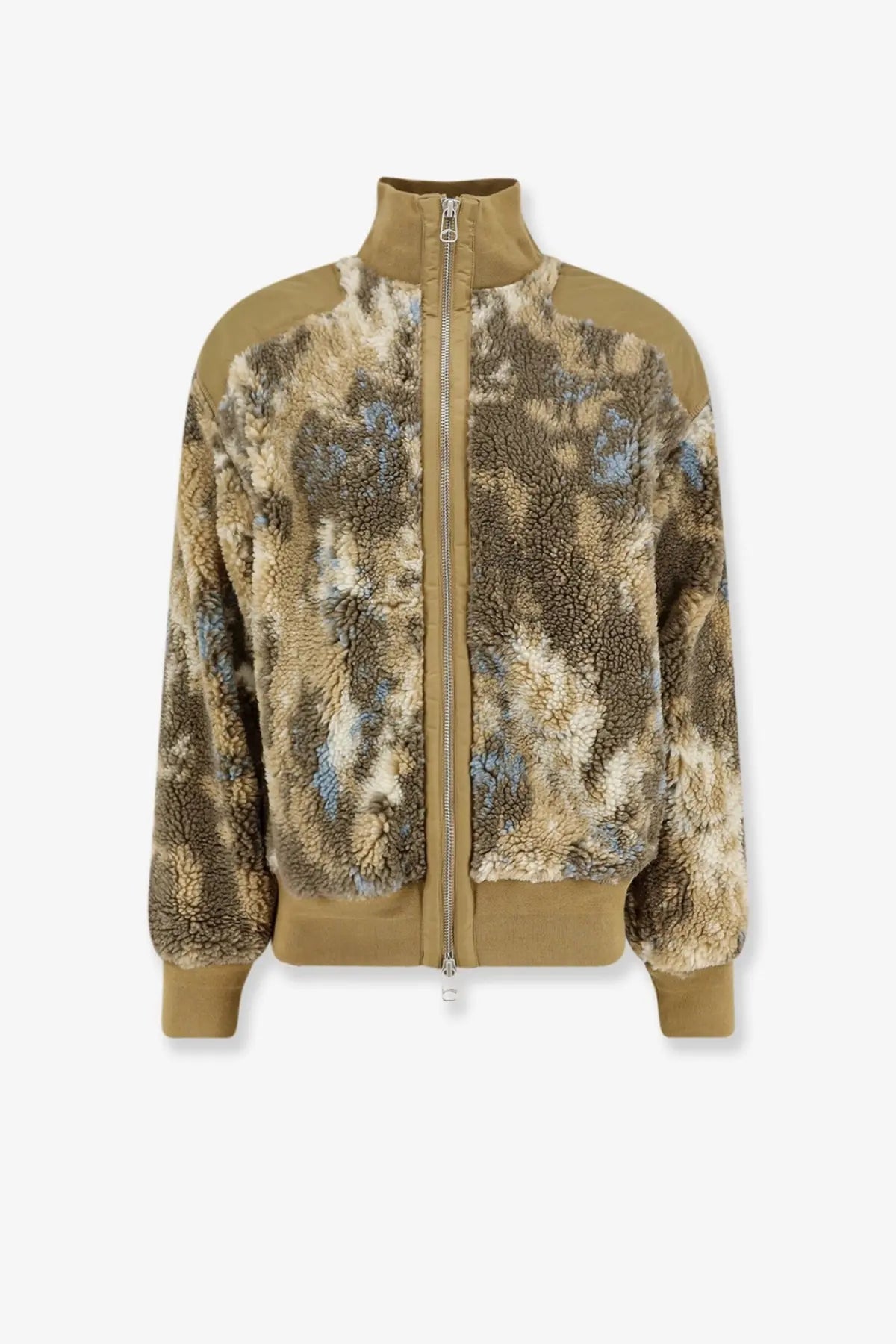 Oamc peacemaker men’s fleece synthetic fur bomber jacket in tan and beige tie-dye with solid tan shearling panels