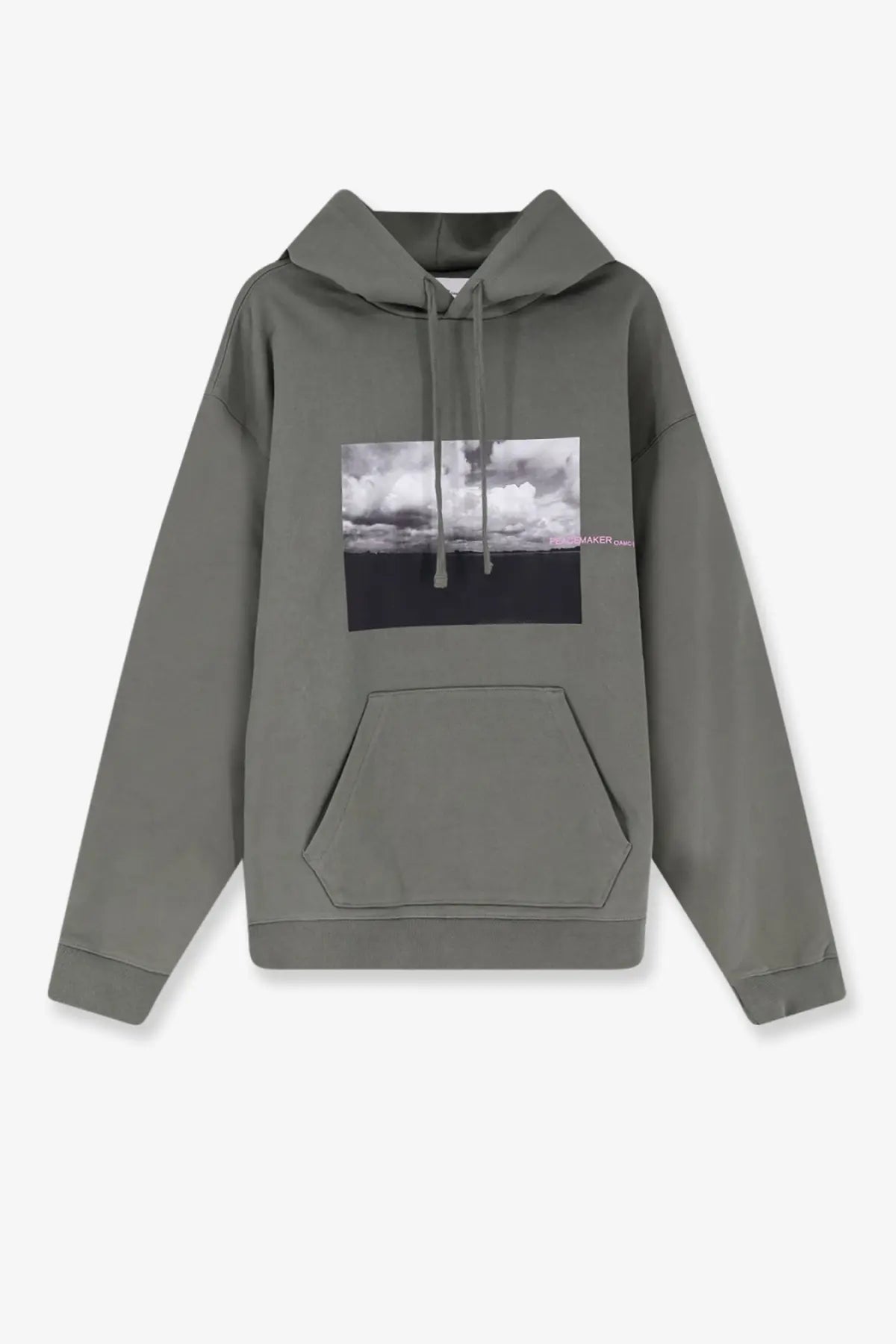 Olive green oamc peacemaker men’s loose fit hoodie with black and white cloudscape print and matching drawstrings