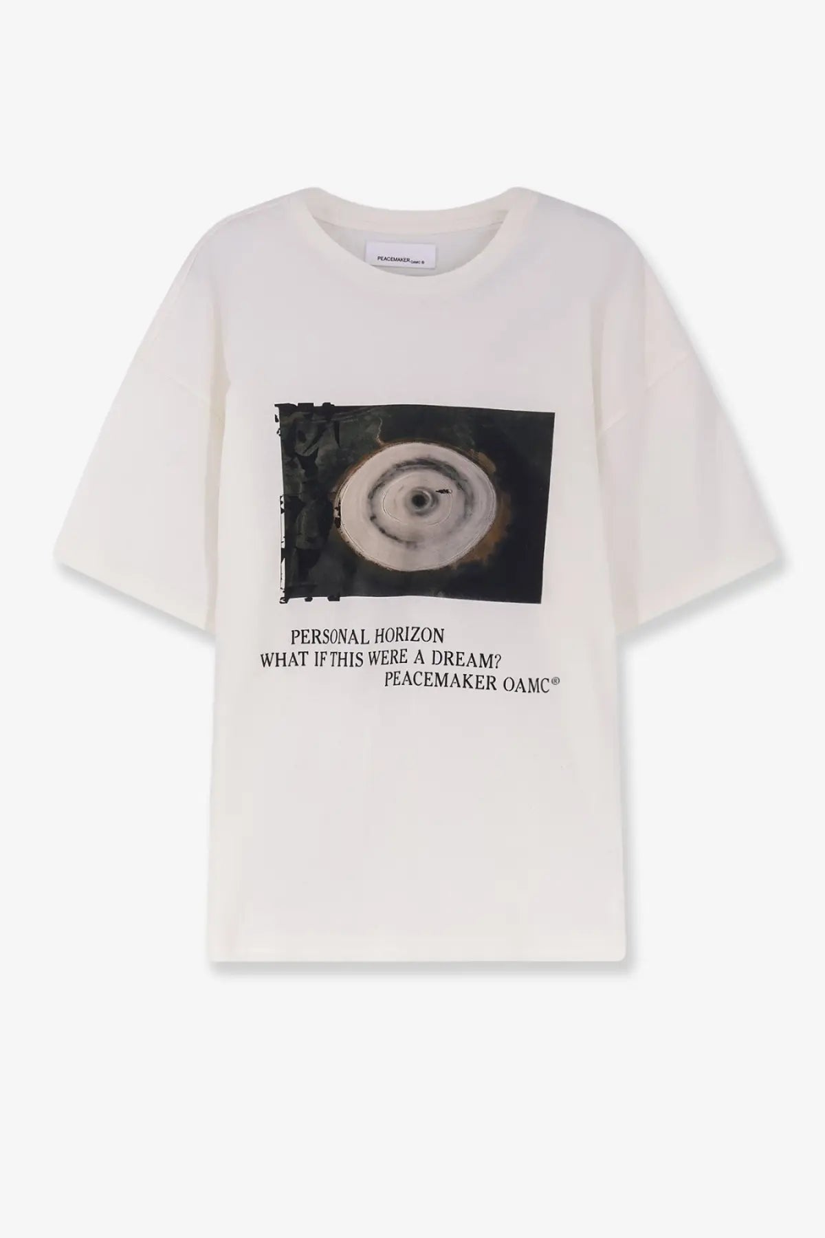 Off-white cotton oamc peacemaker men’s loose fit t-shirt with black and white abstract eye graphic and text print