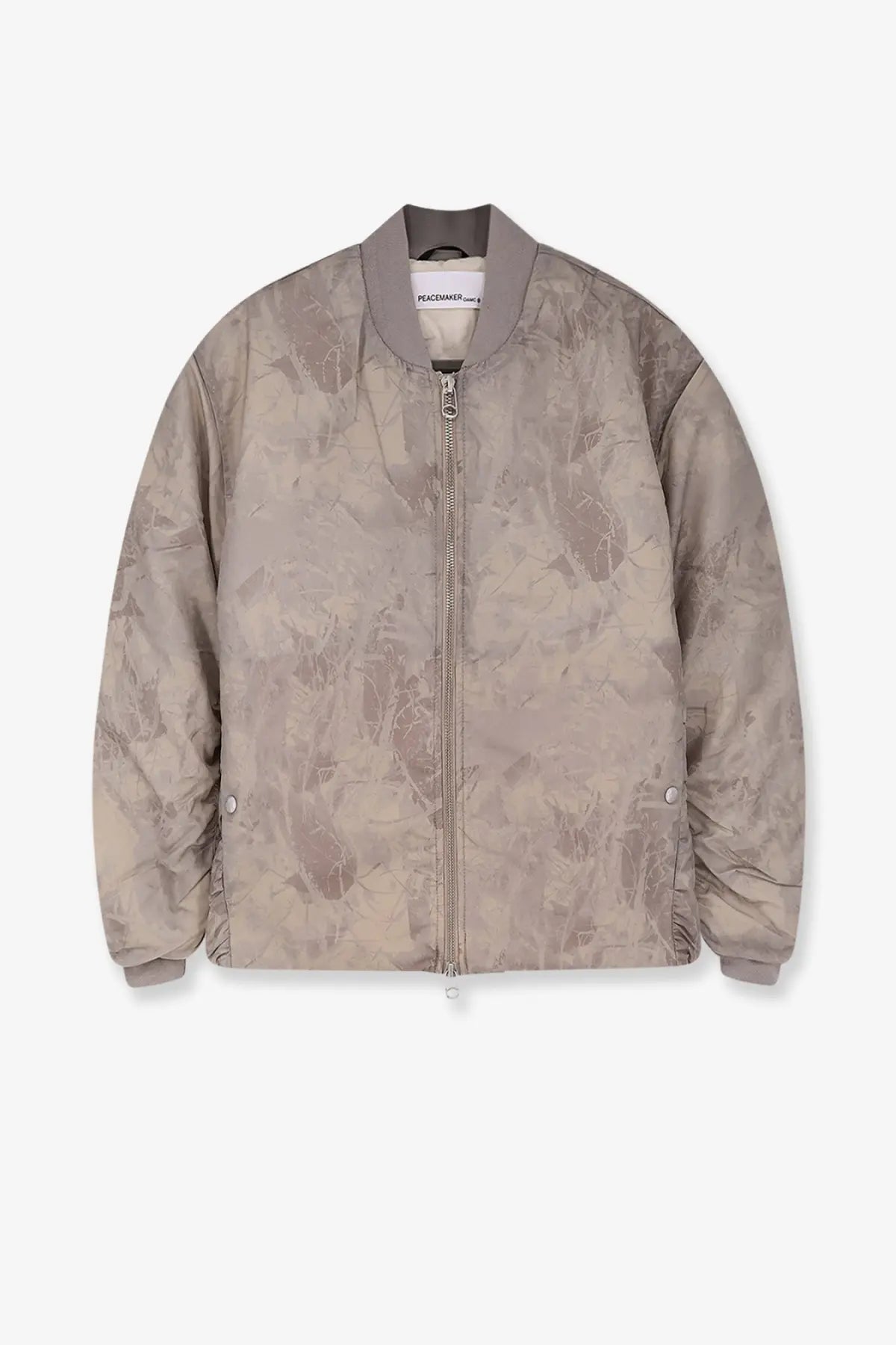 Oamc Peacemaker men’s taupe bomber jacket with subtle abstract pattern ribbed cuffs and placemaker label on collar