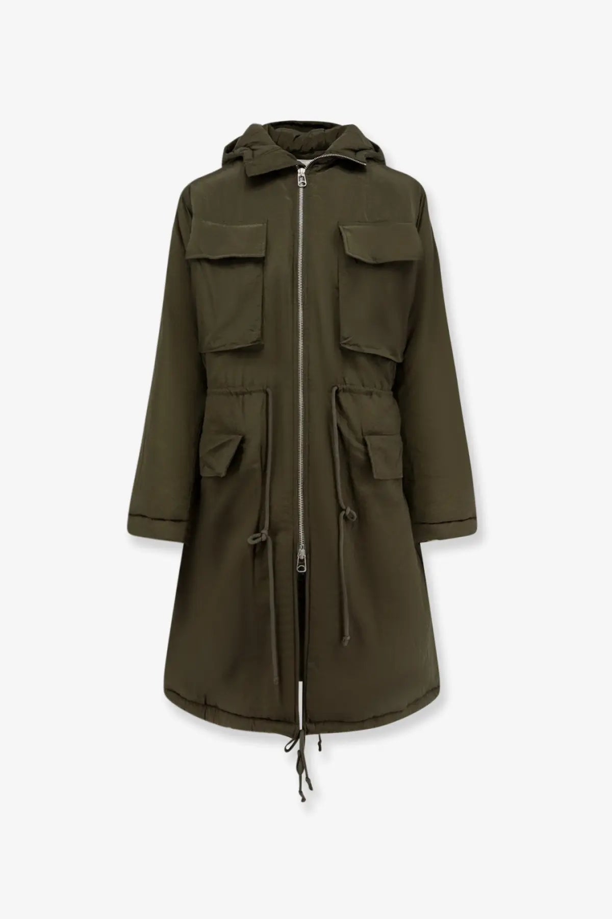 Olive green oamc peacemaker men’s padded nylon long jacket with hood chest pockets and drawstring waist