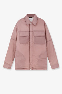 Oamc Peacemaker men’s purple padded overshirt jacket with soft rose-pink quilted fabric classic collar and button closures