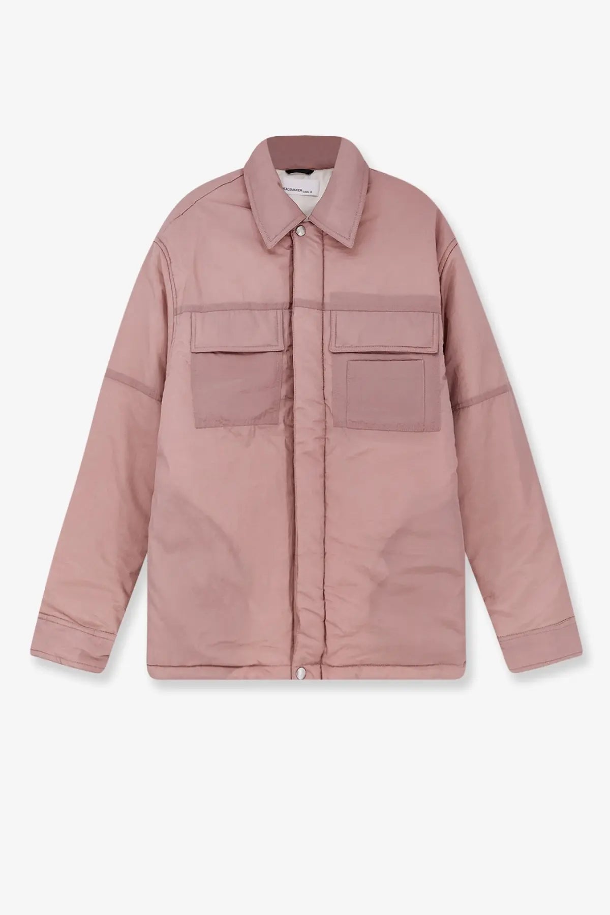 A soft rose-pink quilted jacket with classic collar front patch pockets and button closures from Oamc Peacemaker