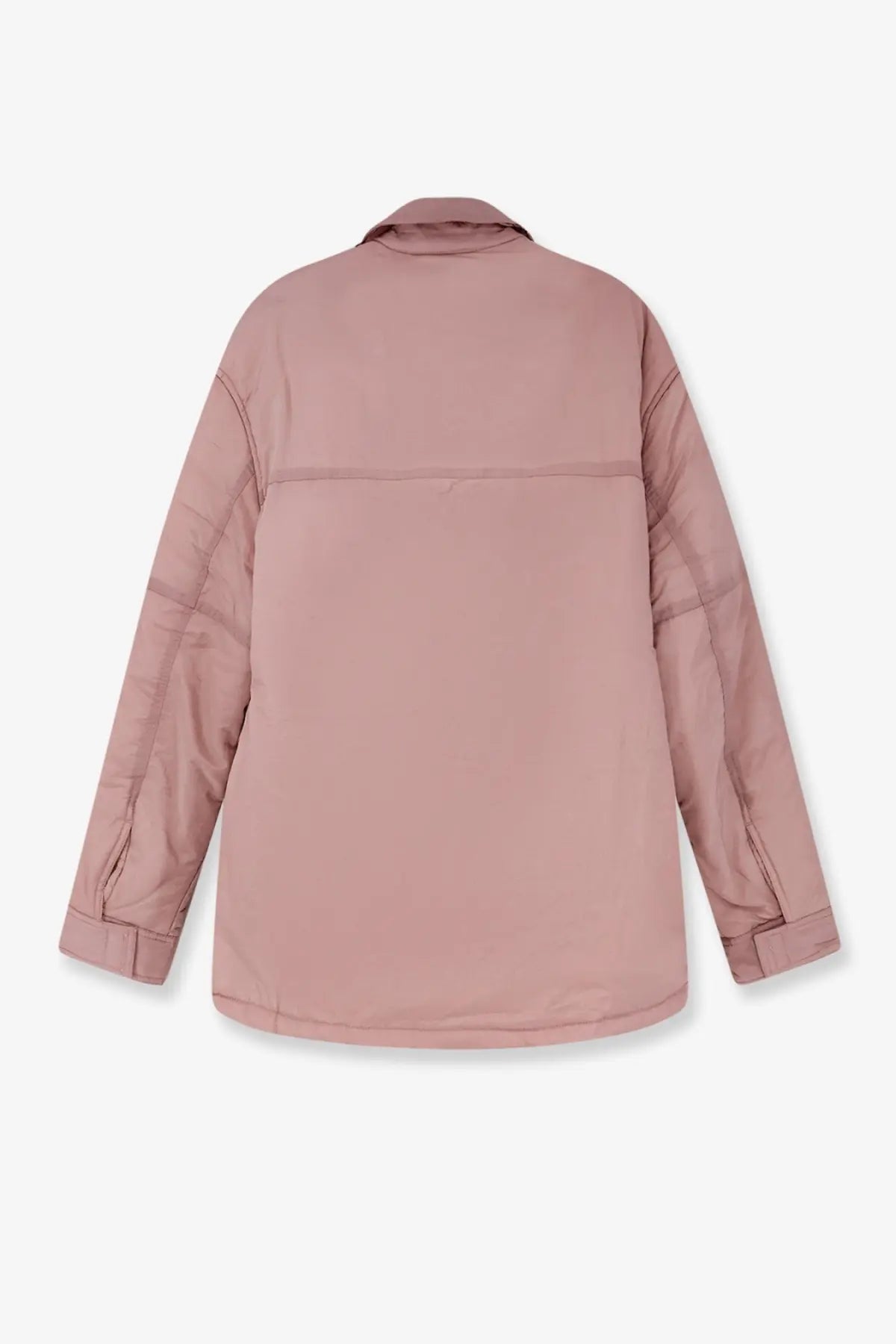 Oamc Peacemaker men’s padded overshirt jacket in soft rose-pink quilted fabric with structured collar and subtle stitching