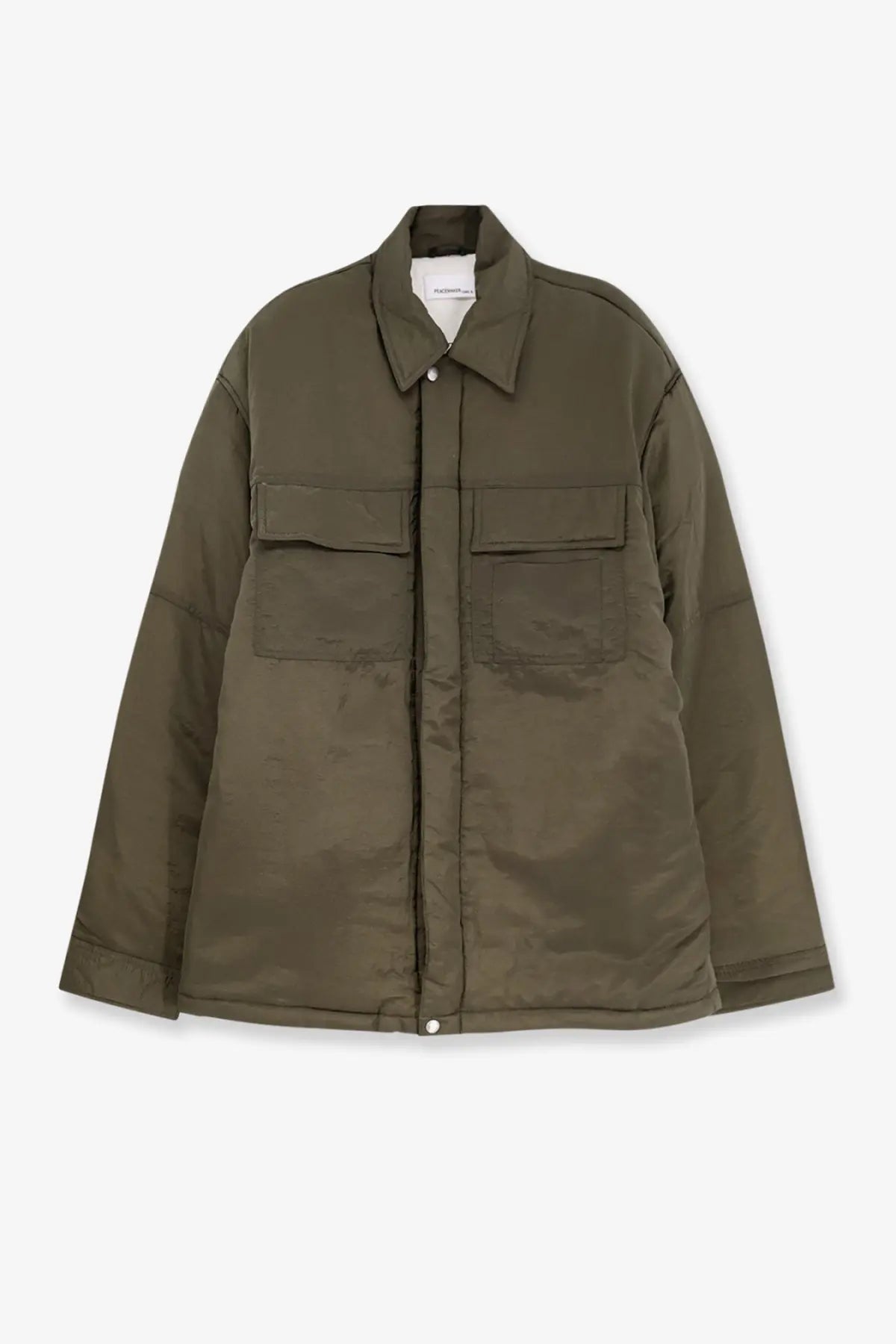 Olive green oamc peacemaker men’s quilted padded nylon overshirt jacket with collar and two front pockets