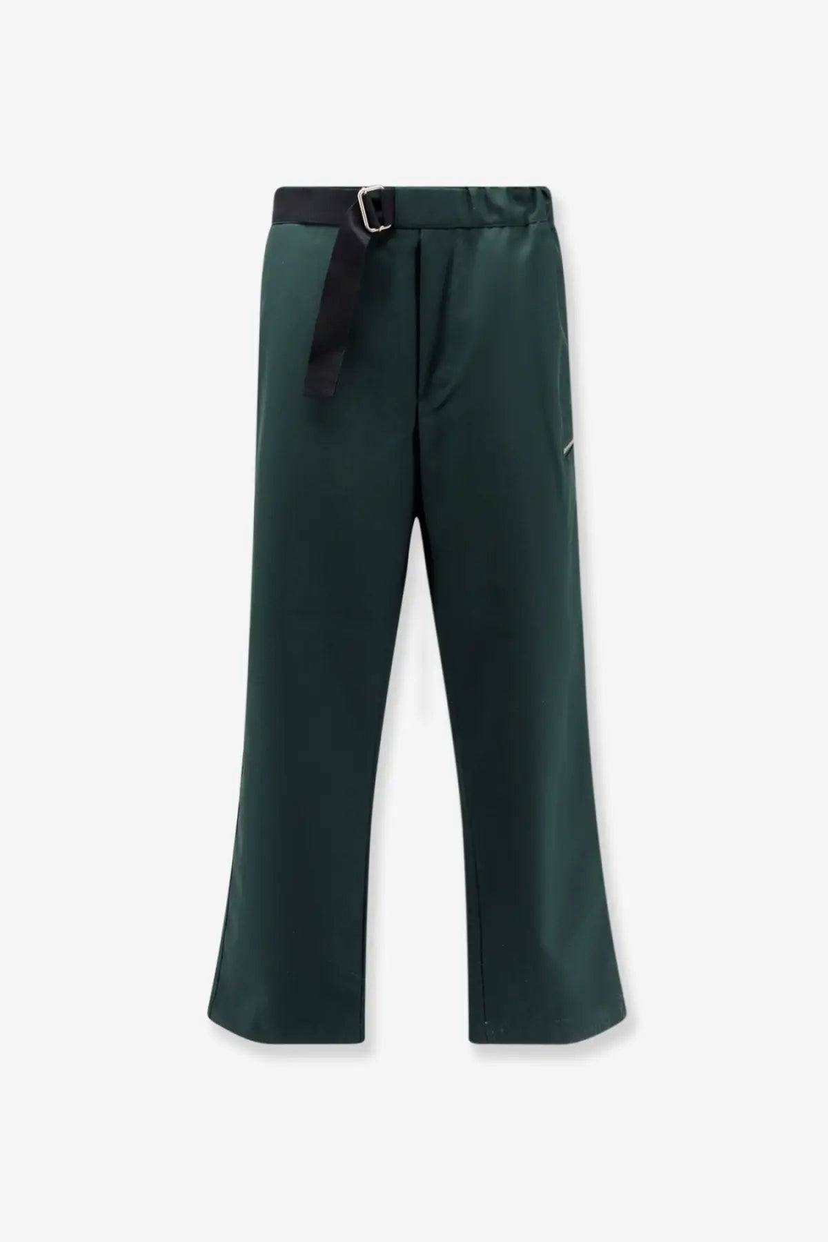 Dark green wide-leg oamc peacemaker men’s regs virgin wool trousers with black belt and silver buckle