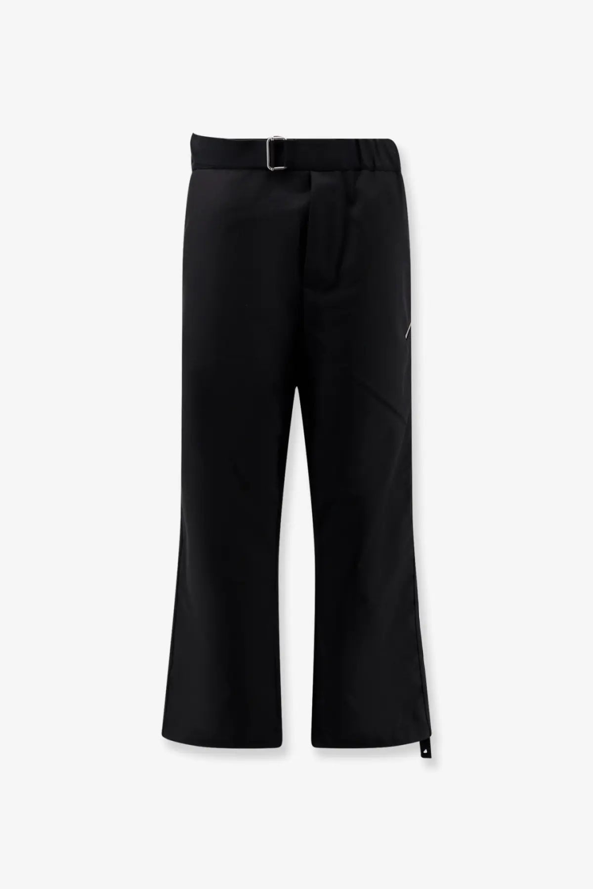 Oamc Peacemaker men’s black wide-leg wool blend trousers with sleek modern design and subtle white stitching details