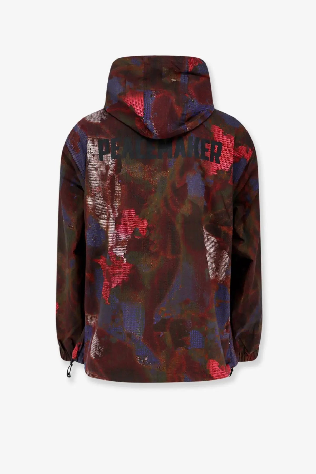 Back view of oamc peacemaker men’s technical multicolor cotton jacket with red blue brown abstract camouflage print and penny text