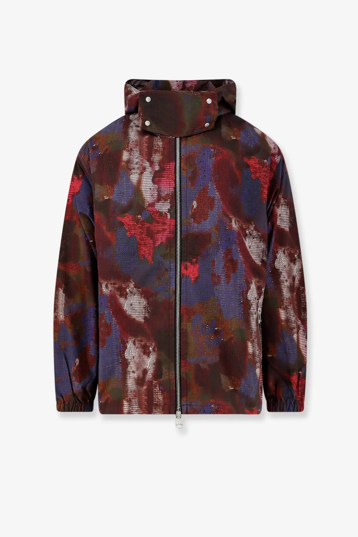 Oamc Peacemaker men’s technical cotton puffer jacket with bold multicolor abstract camouflage pattern and high collar