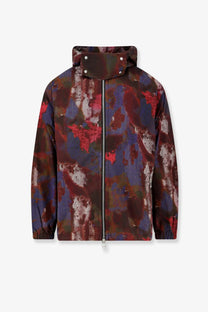 Oamc Peacemaker men’s technical cotton puffer jacket with bold multicolor abstract camouflage pattern and high collar