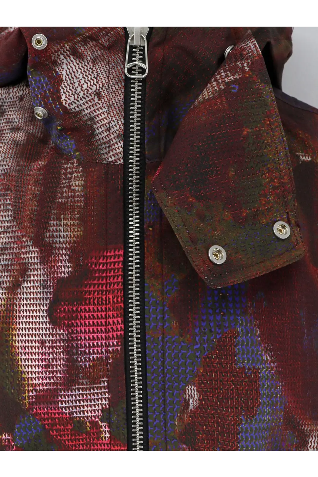 Oamc Peacemaker men’s technical cotton jacket in maroon and blue with abstract pattern black zipper and silver hardware