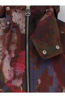 Oamc Peacemaker men’s technical cotton jacket in maroon and blue with abstract pattern black zipper and silver hardware