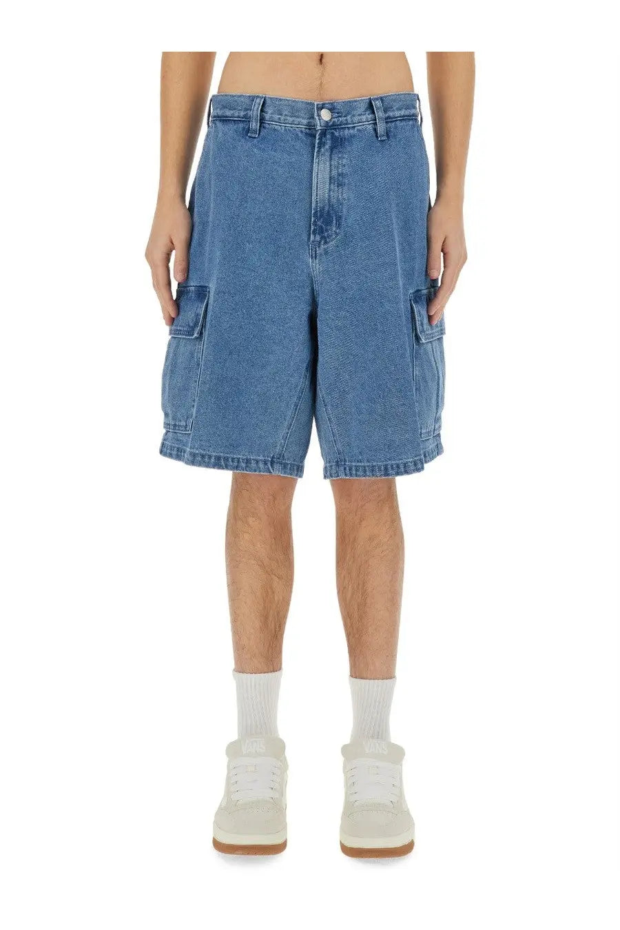 Obey men’s baggy bigwig cargo shorts blue made of denim with large side pockets and classic five-pocket design