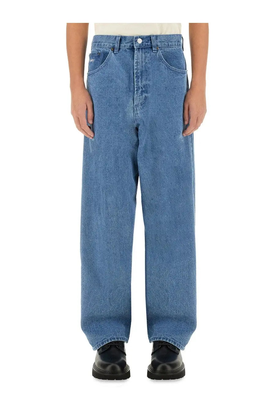 Obey men’s Bigwig baggy jeans blue with relaxed wide-leg cut and classic five-pocket design in blue denim